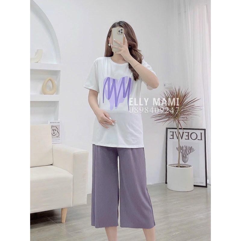 BỘ ĐỒ BẦU THUN TĂM QUẦN CÓ CHUN CHỈNH MÀU TÍM MỘNG MƠ