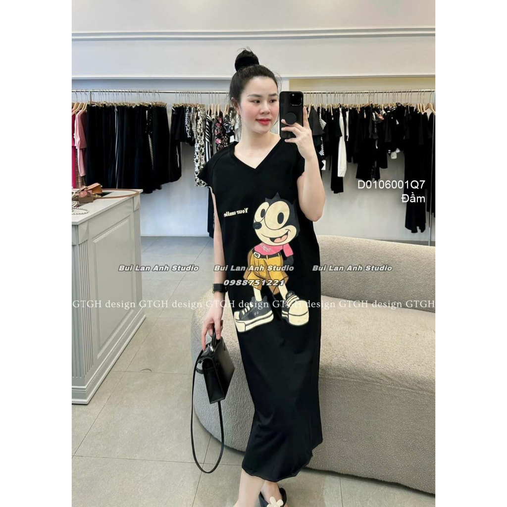 Đầm thun tay hến in chữ hình dáng suông dài!
