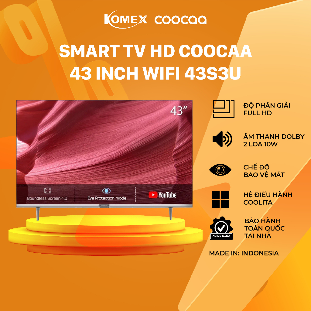 Tivi Coocaa 43 Inch Model 43S3U Smart tivi Full HD, kết nối wifi, Mỏng nhẹ Siêu chất lượng, Đổi trả 30 ngày - Komex