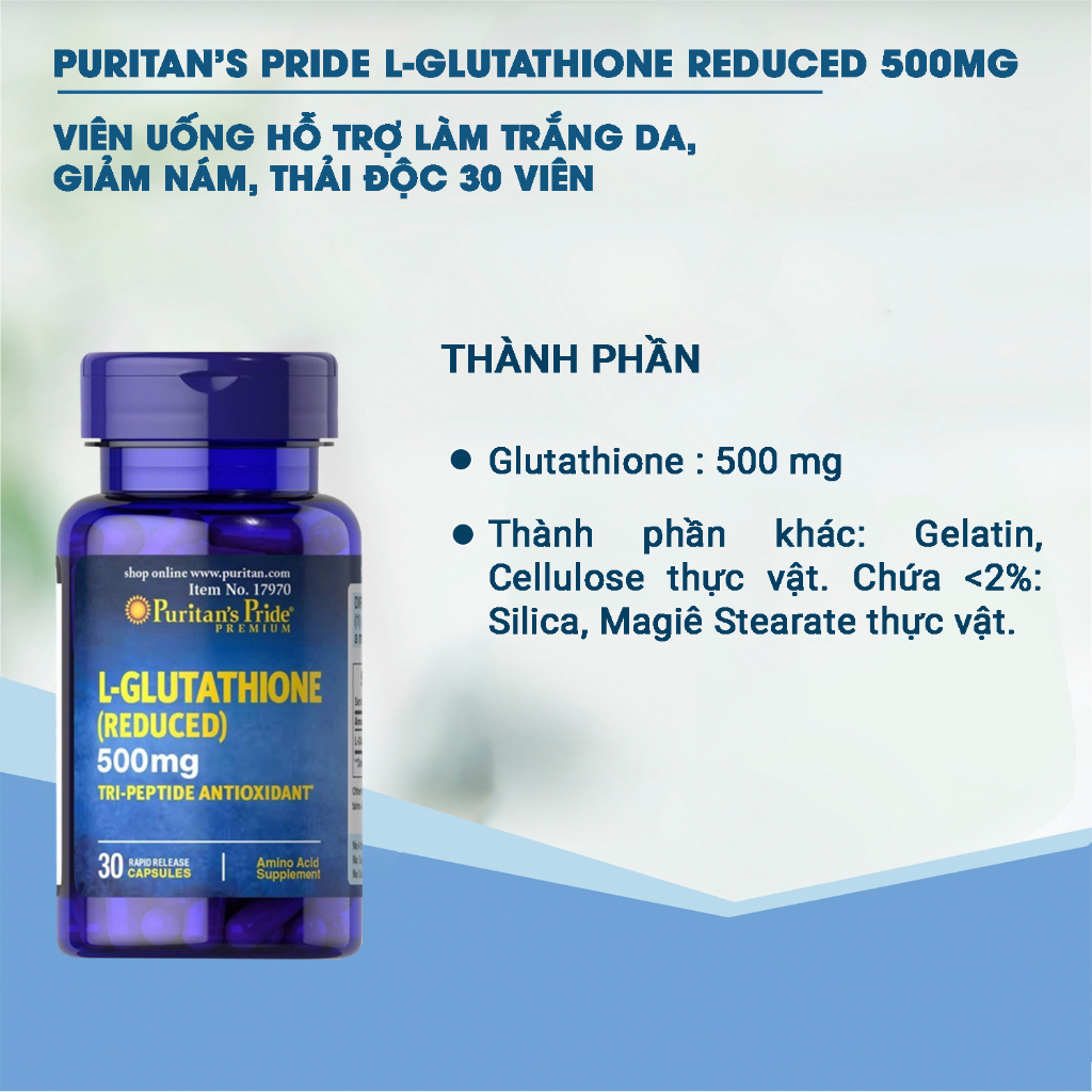 Viên uống trắng da Puritan's Pride L-Glutathione 500mg 30 viên tăng cường miễn dịch chống lão hóa