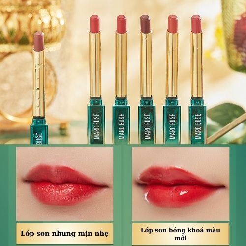 Son khoá màu MARC BUSE 2 trong 1 tích hợp son bóng khoá màu son siêu lì nhờ vào lớp son bóng khóa màu combo 3 màu hot