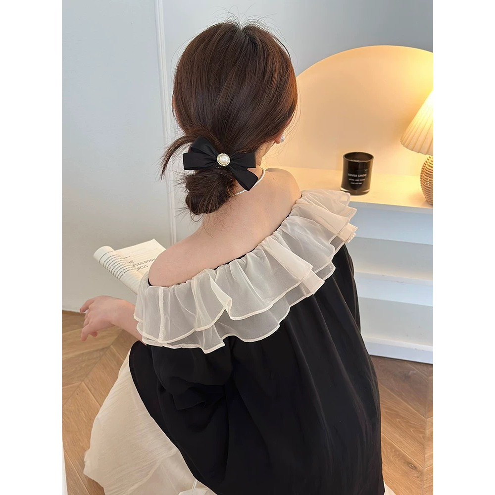 Nơ kẹp tóc cho nữ cute vải satin màu đen đính hạt tiểu thư NT588