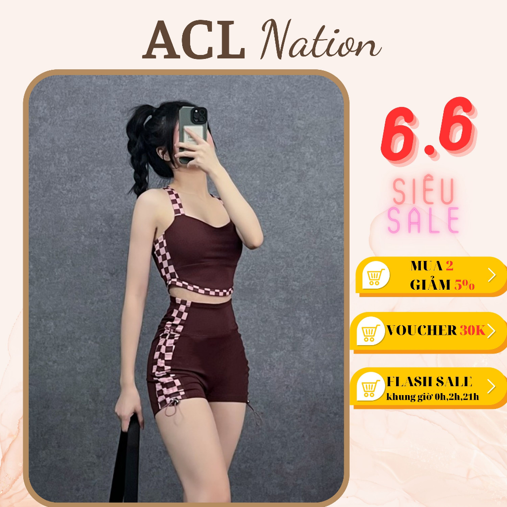 Set Đồ Tập Gym Nữ Áo Bra Quần Đùi Viền Caro Chất Poly Co Giãn 4 Chiều Trẻ Trung Phong Cách