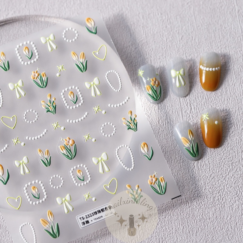 Sticker Dán Móng Tay Hoa Tulip Viền Tròn Sang Chảnh YB002 | TS2323 - Hình Dán Móng Nail Dập Nổi Hoa Tulip 5D Tensor Pro