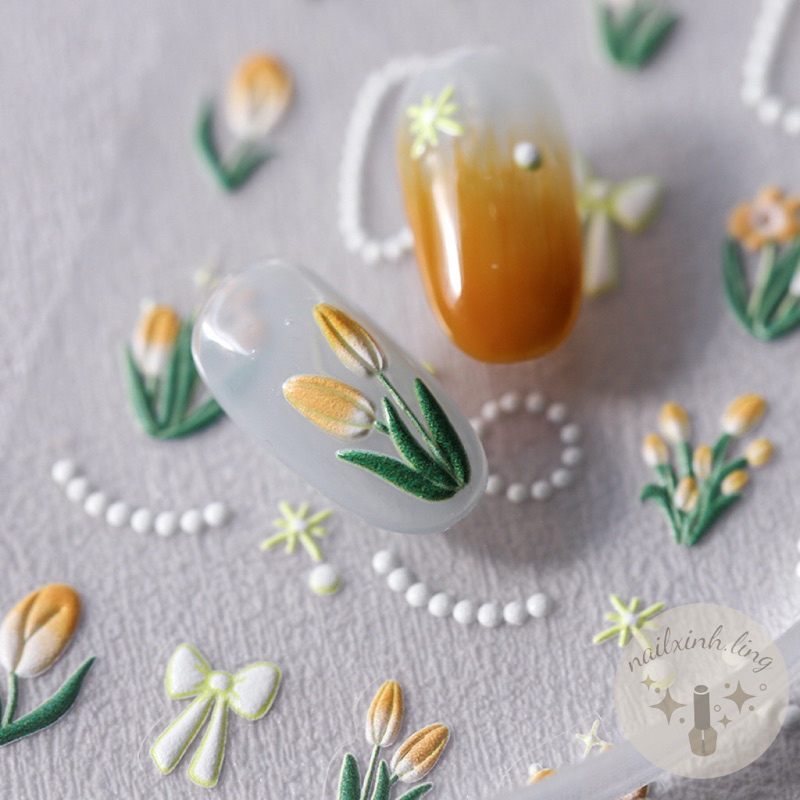 Sticker Dán Móng Tay Hoa Tulip Viền Tròn Sang Chảnh YB002 | TS2323 - Hình Dán Móng Nail Dập Nổi Hoa Tulip 5D Tensor Pro