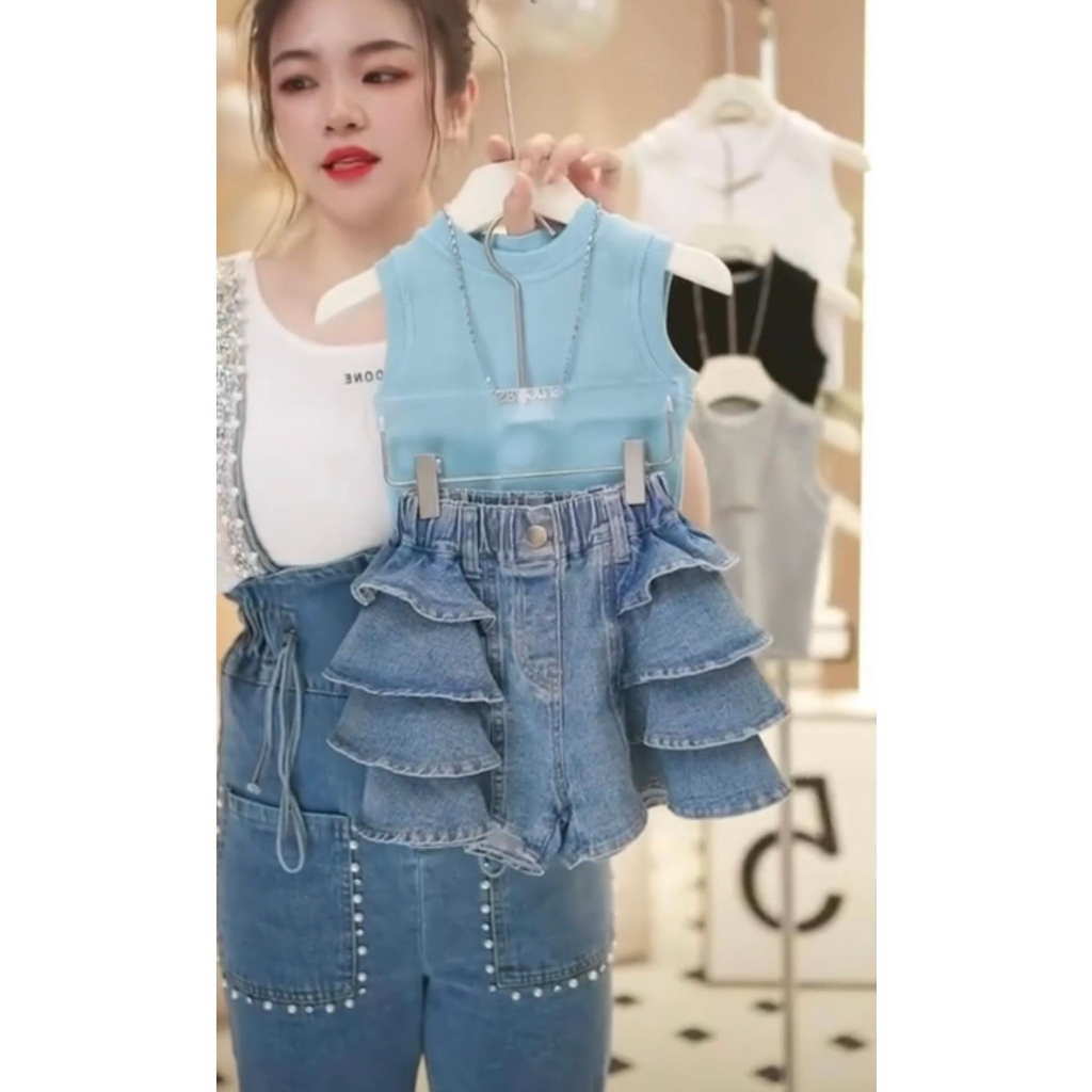 Áo Thun Xanh Chân Váy Jean Xòe Tầng Cho Bé Gái