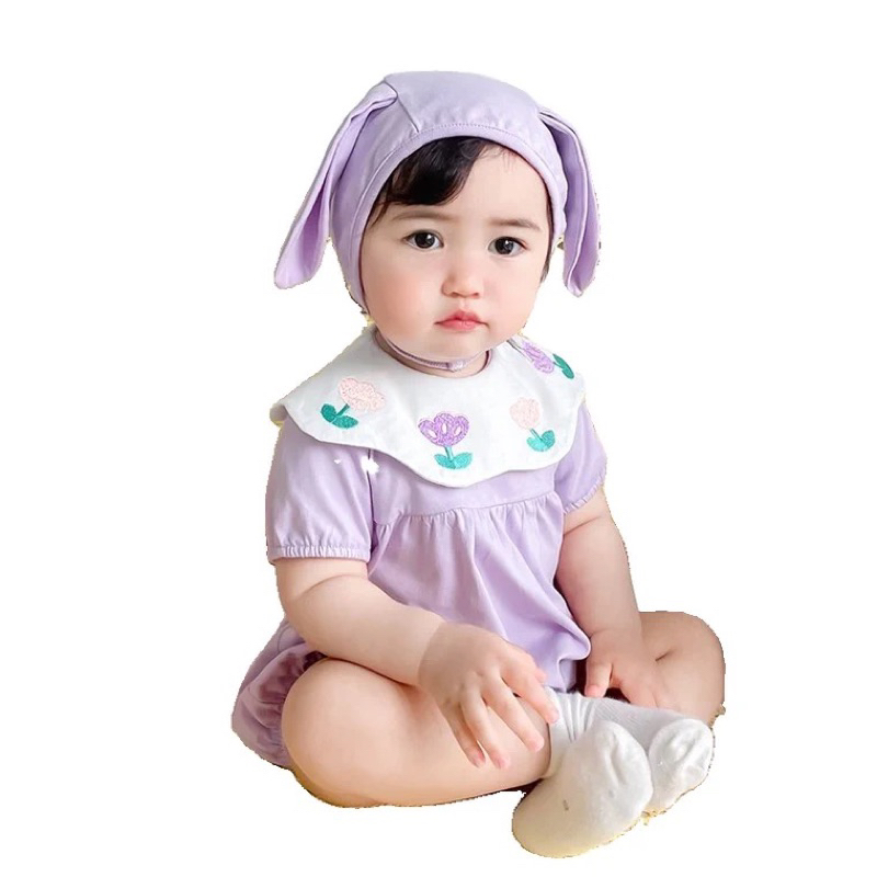 Set body tím ngắn/ dài tay cổ bèo thêu hoa kèm mũ tai thỏ màu tím siêu đáng yêu cho bé gái