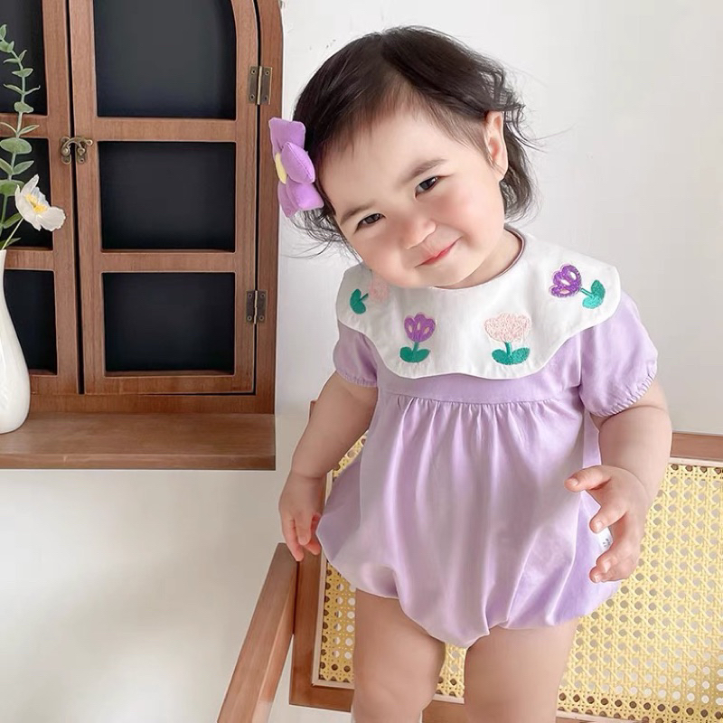 Set body tím ngắn/ dài tay cổ bèo thêu hoa kèm mũ tai thỏ màu tím siêu đáng yêu cho bé gái