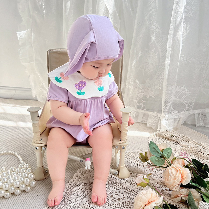 Set body tím ngắn/ dài tay cổ bèo thêu hoa kèm mũ tai thỏ màu tím siêu đáng yêu cho bé gái