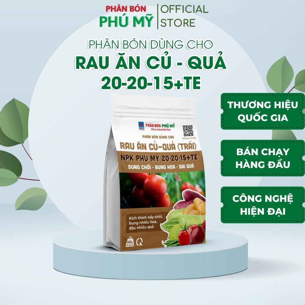 Phân Bón NPK Đạm Phú Mỹ Cung Cấp Dinh Dưỡng Vi Lượng Cho Cây Rau Ăn Củ Quả 20-20-15+TE Túi 500gram