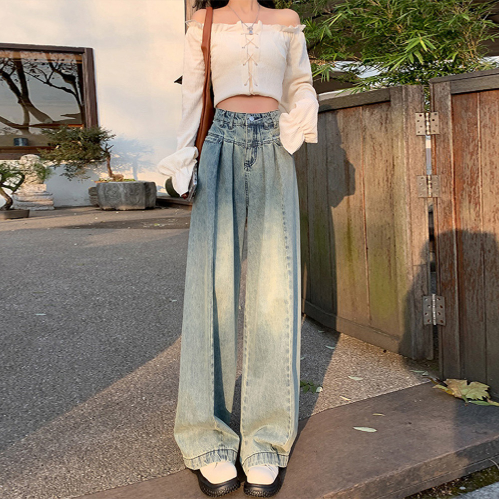 Quần jeans cạp cao ống rộng dáng dài eo xếp ly thiết kế màu bò denim vintage chân dài nữ