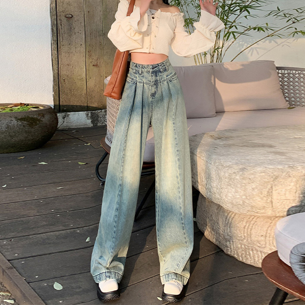 Quần jeans cạp cao ống rộng dáng dài eo xếp ly thiết kế màu bò denim vintage chân dài nữ