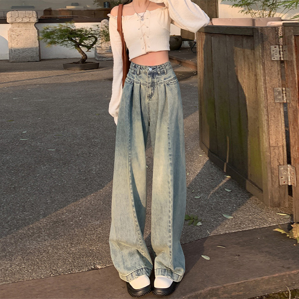 Quần jeans cạp cao ống rộng dáng dài eo xếp ly thiết kế màu bò denim vintage chân dài nữ