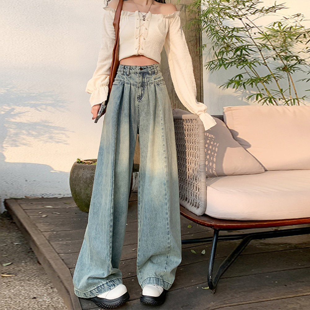 Quần jeans cạp cao ống rộng dáng dài eo xếp ly thiết kế màu bò denim vintage chân dài nữ