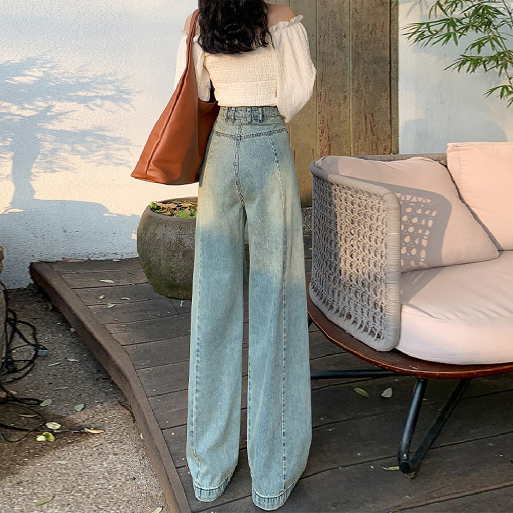 Quần jeans cạp cao ống rộng dáng dài eo xếp ly thiết kế màu bò denim vintage chân dài nữ