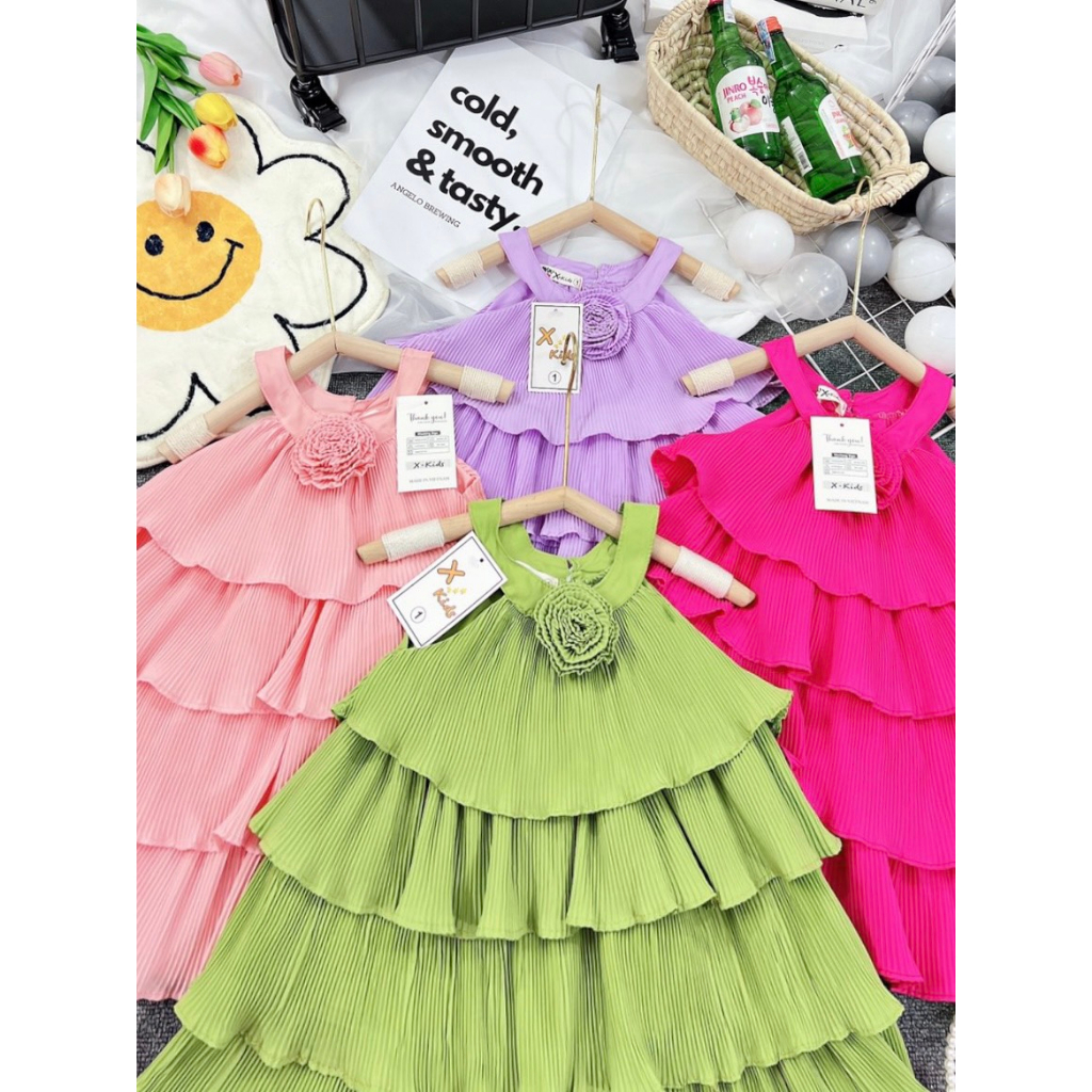 SIZE ĐẠI 10-36KG: Váy dập li nhiều tầng, cổ yếm điệu đà sang chảnh cho bé gái - VDLCY
