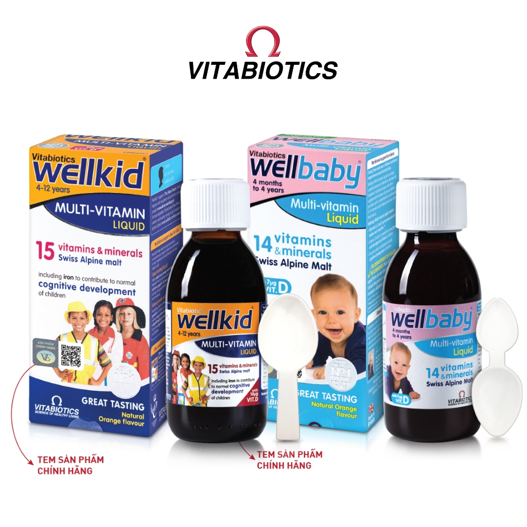 Bộ Sản Phẩm Siro Cho Bé Vitabiotics WELLBABY Multi-Vitamin Liquid 150ml Và WELLKID Multi-Vitamin Liquid 150ml