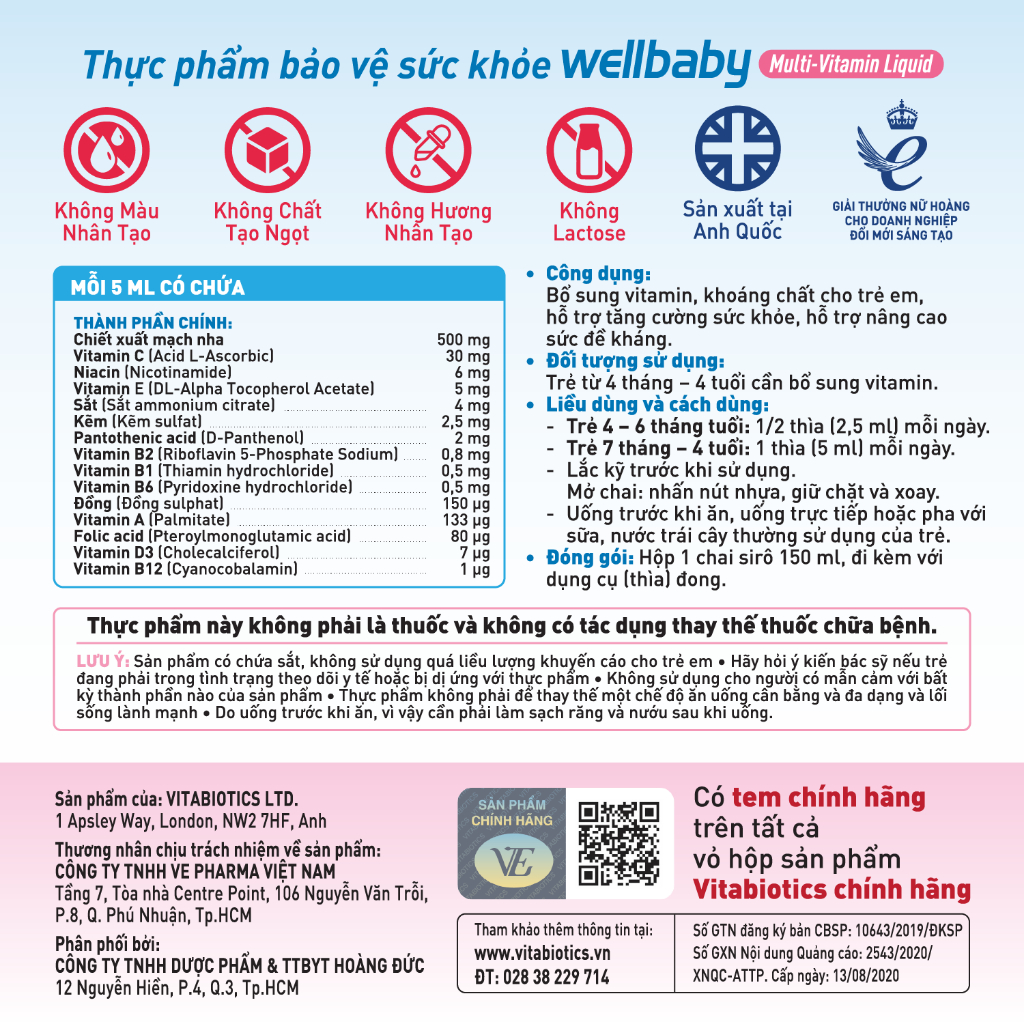 Bộ Sản Phẩm Siro Cho Bé Vitabiotics WELLBABY Multi-Vitamin Liquid 150ml Và WELLKID Multi-Vitamin Liquid 150ml