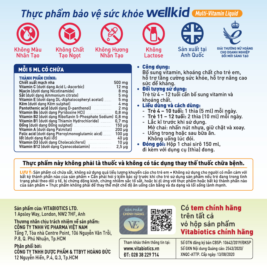 Bộ Sản Phẩm Siro Cho Bé Vitabiotics WELLBABY Multi-Vitamin Liquid 150ml Và WELLKID Multi-Vitamin Liquid 150ml