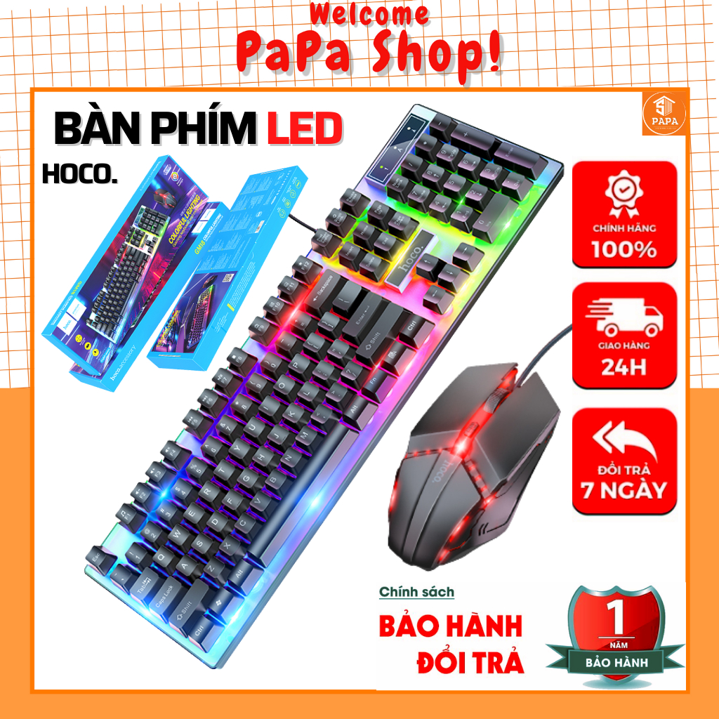 Bàn phím máy tính kèm chuột chơi game dạ quang Hoco GM18 Hàng chính hãng 100%, Hiệu Ứng Đèn LED Đổi Màu Bắt Mắt [PAPA]