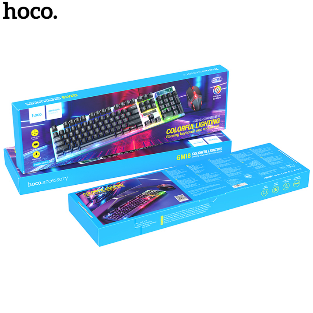 Bàn phím máy tính kèm chuột chơi game dạ quang Hoco GM18 Hàng chính hãng 100%, Hiệu Ứng Đèn LED Đổi Màu Bắt Mắt [PAPA]