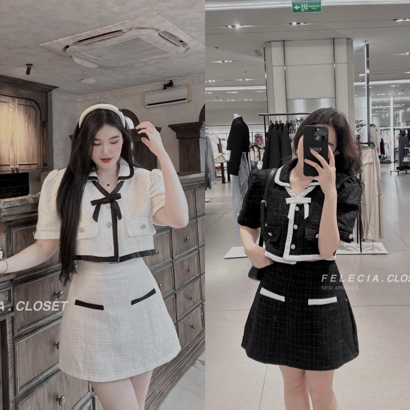 FELECIA | Set dạ cộc tay viền nơ cổ