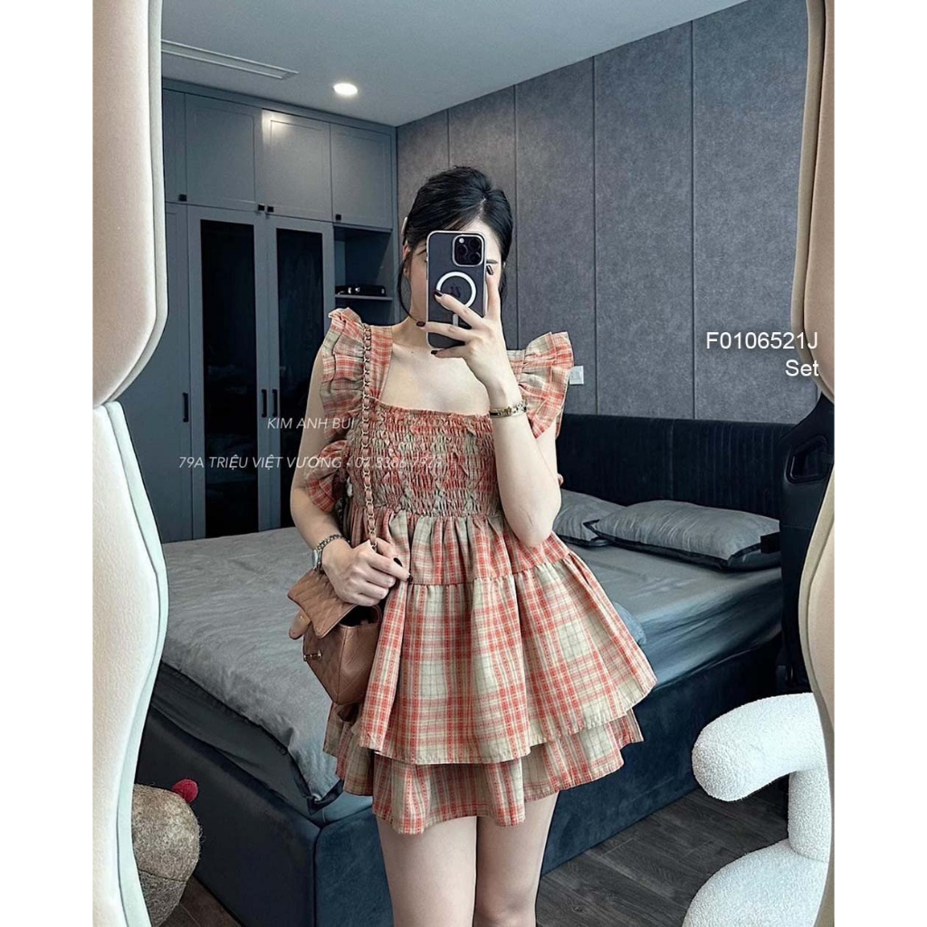 Áo 2 dây babydoll cột nơ sọc caro