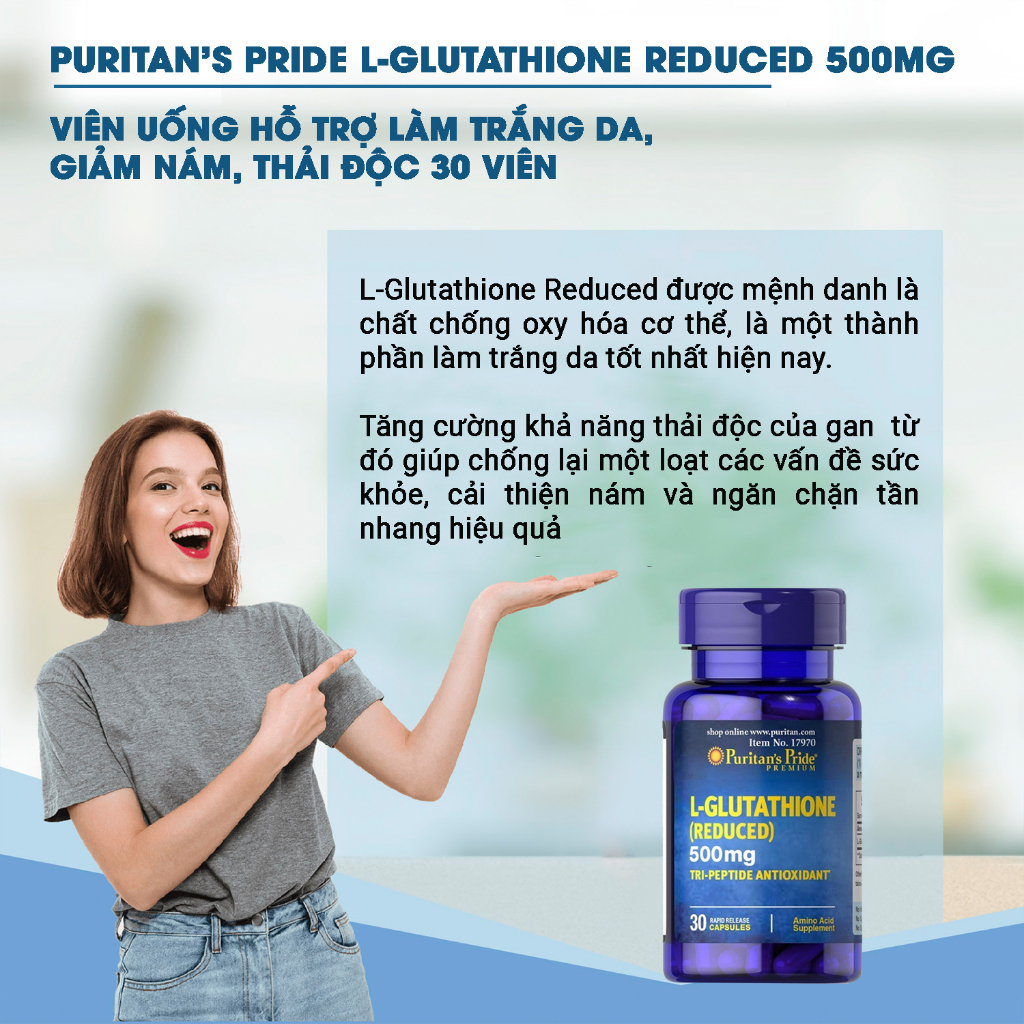 Viên uống trắng da Puritan's Pride L-Glutathione 500mg 30 viên tăng cường miễn dịch chống lão hóa