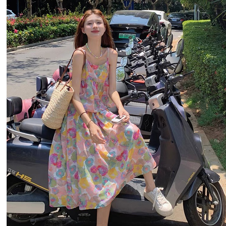 [Set] áo váy babydoll hoa hai dây kèm chân váy tầng dáng xòe đi biển di chơi đi dã ngoai | BigBuy360 - bigbuy360.vn