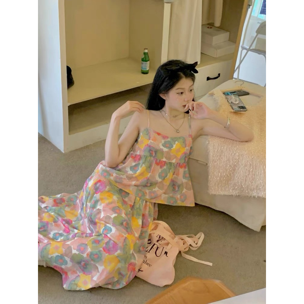 [Set] áo váy babydoll hoa hai dây kèm chân váy tầng dáng xòe đi biển di chơi đi dã ngoai | BigBuy360 - bigbuy360.vn