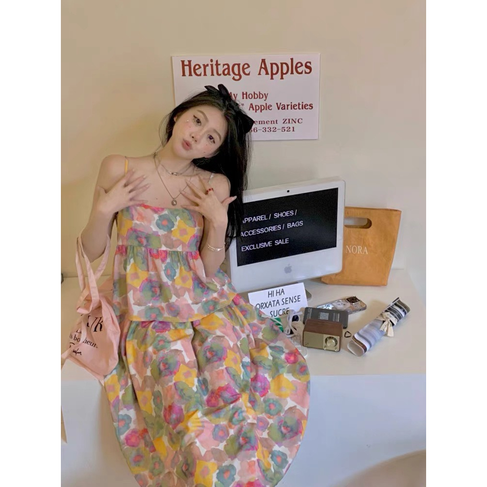 [Set] áo váy babydoll hoa hai dây kèm chân váy tầng dáng xòe đi biển di chơi đi dã ngoai | BigBuy360 - bigbuy360.vn