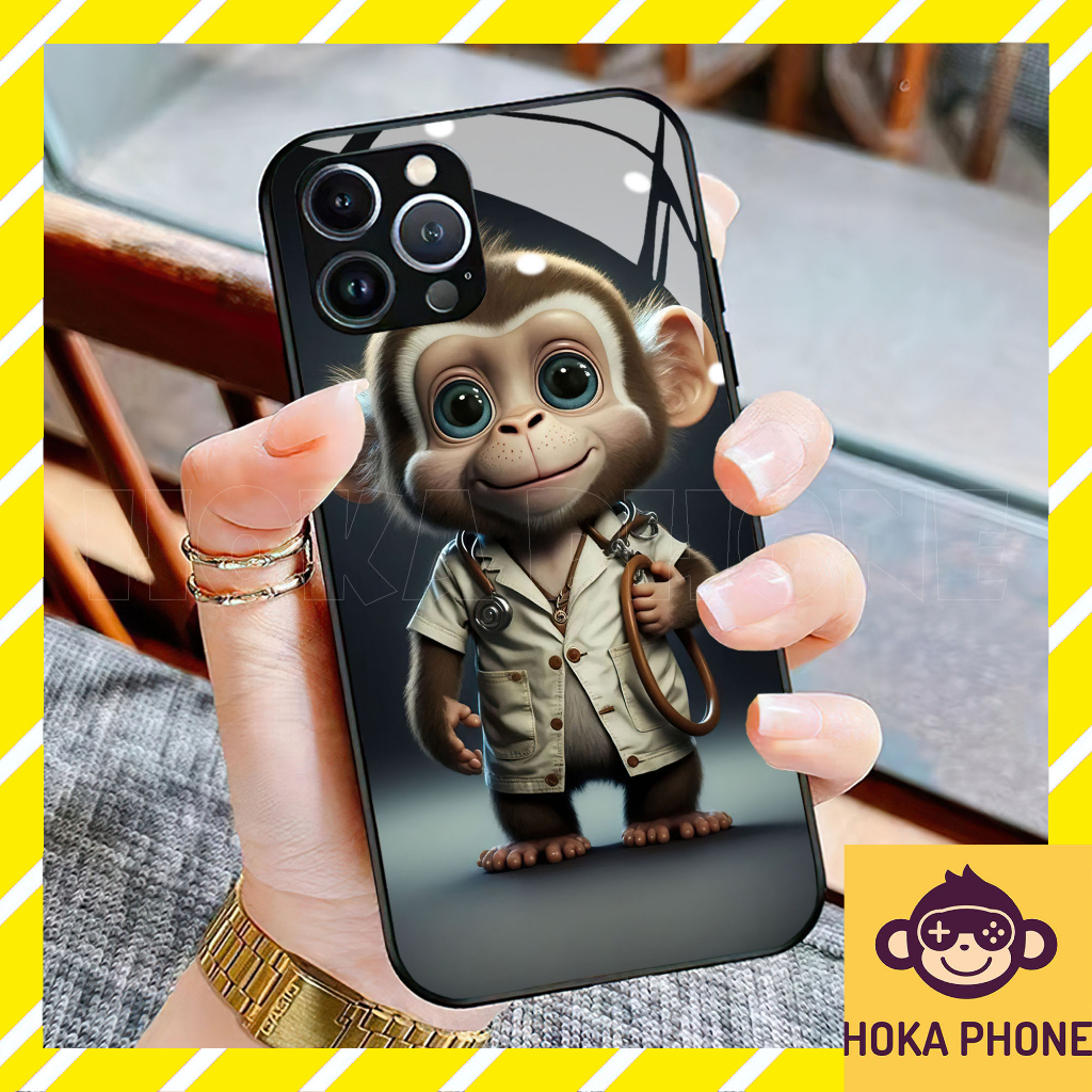 Ốp lưng iphone 13 pro max khỉ con kính cường lực Hoka cho IP 6 7 8 plus/ X Xs max/ 11 12 13 14 pro max
