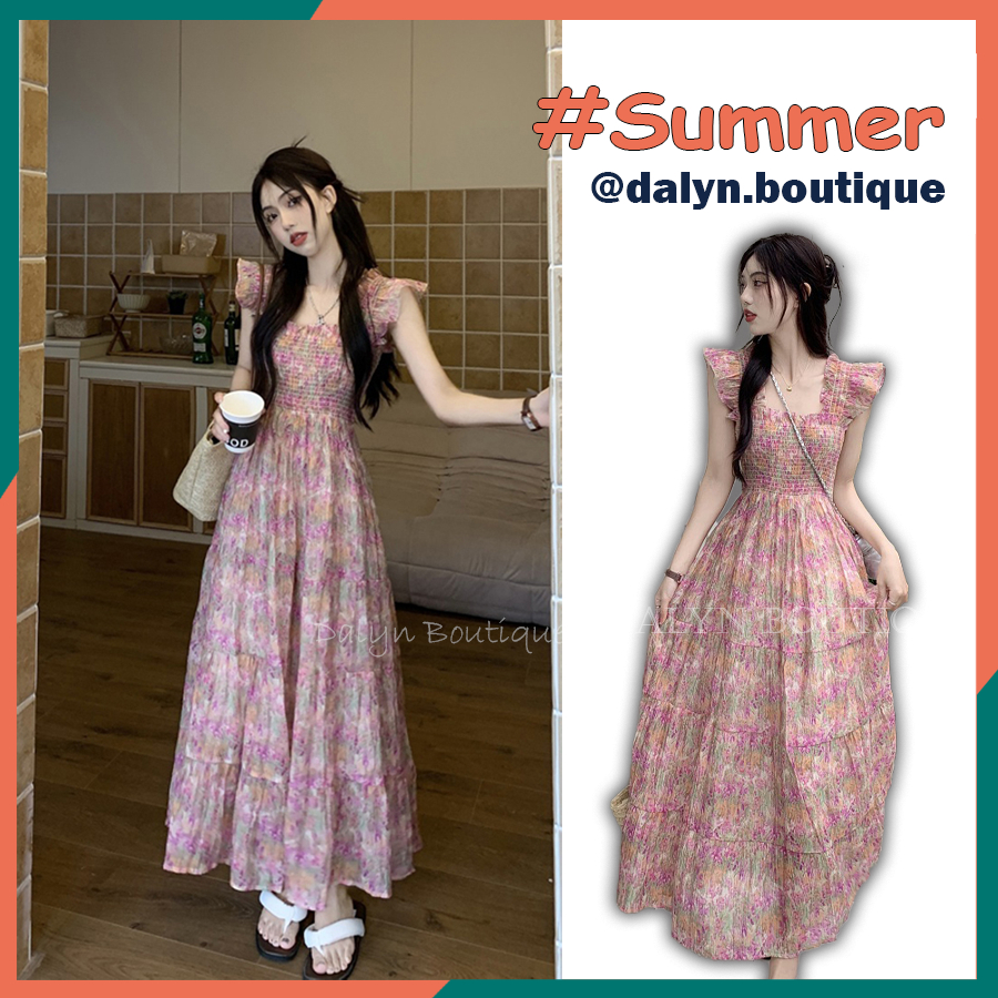 Váy Maxi Dáng Dài Cánh Tiên Cổ Vuông, Đầm Hoa Hồng Xòe Đi Biển Sexy - Dalyn