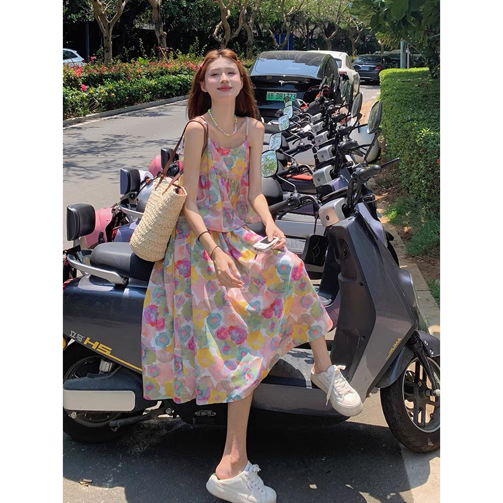 [Set] áo váy babydoll hoa hai dây kèm chân váy tầng dáng xòe đi biển di chơi đi dã ngoai | BigBuy360 - bigbuy360.vn