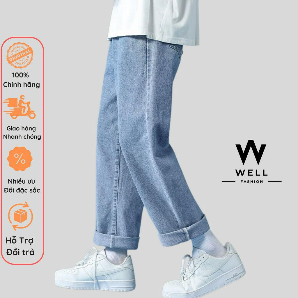 Quần jean ống rộng,quần jean baggy,quần bò nam xanh nhạt dáng đứng vải jeans cao cấp-well