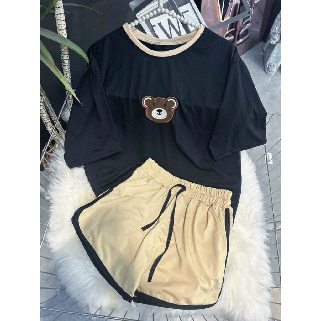 [6.6 Sales Freeship] Set bộ đùi thun in gấu dễ thương,set áo thun from rộng in gấu phối quần sooc đùi viển mặc thoải mái