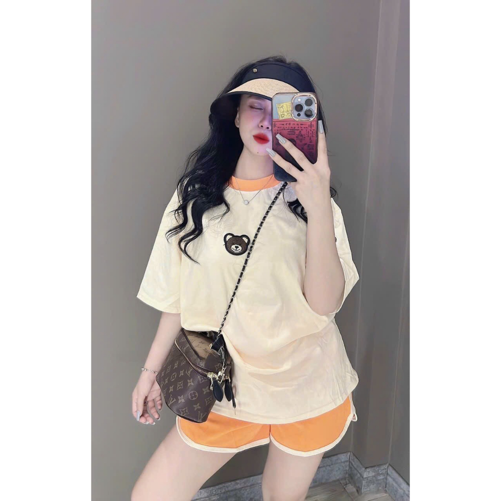 [6.6 Sales Freeship] Set bộ đùi thun in gấu dễ thương,set áo thun from rộng in gấu phối quần sooc đùi viển mặc thoải mái