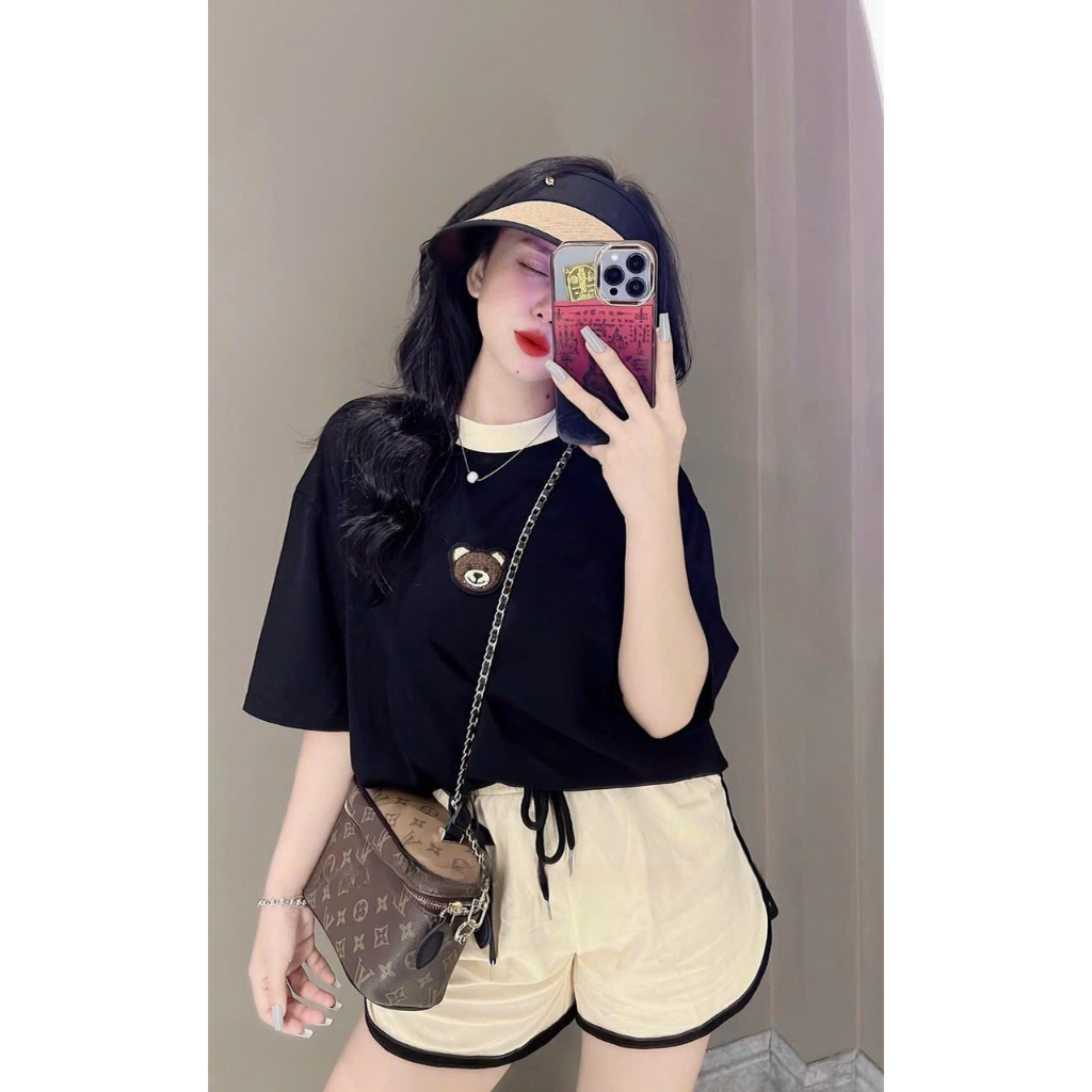 [6.6 Sales Freeship] Set bộ đùi thun in gấu dễ thương,set áo thun from rộng in gấu phối quần sooc đùi viển mặc thoải mái