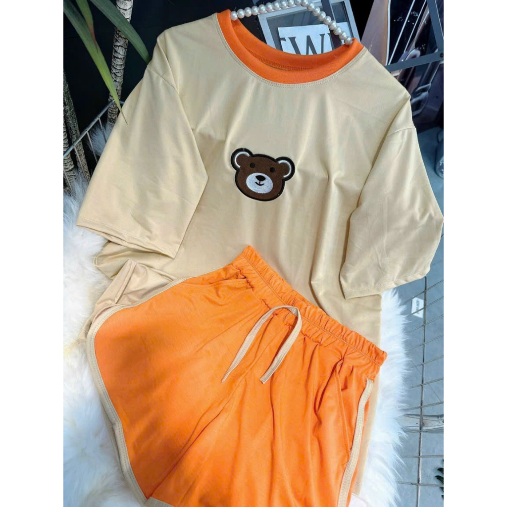 [6.6 Sales Freeship] Set bộ đùi thun in gấu dễ thương,set áo thun from rộng in gấu phối quần sooc đùi viển mặc thoải mái