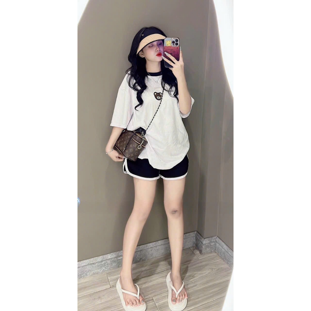 [6.6 Sales Freeship] Set bộ đùi thun in gấu dễ thương,set áo thun from rộng in gấu phối quần sooc đùi viển mặc thoải mái