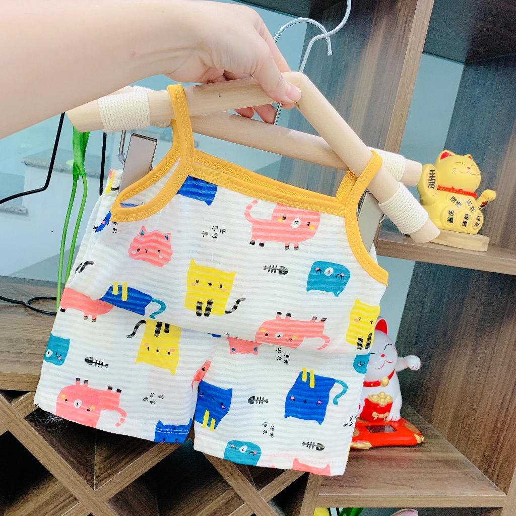 Đồ bộ 2 dây cho bé gái chất Cotton sợi tre. Đồ bộ 2 dây cho bé từ 7-18kg