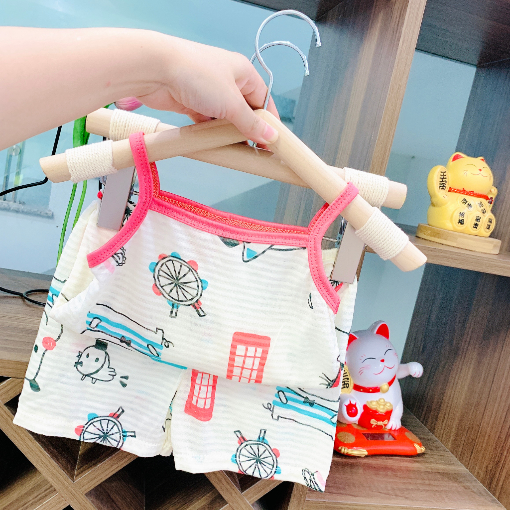 Đồ bộ 2 dây cho bé gái chất Cotton sợi tre. Đồ bộ 2 dây cho bé từ 7-18kg