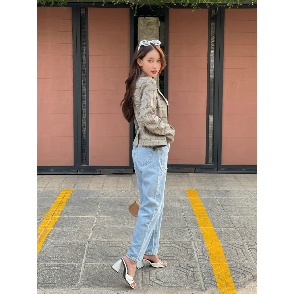 Áo Blazer Nữ Dáng Ngắn, Áo Khoác Blazer Kẻ Caro Trẻ Trung NHALAMFS