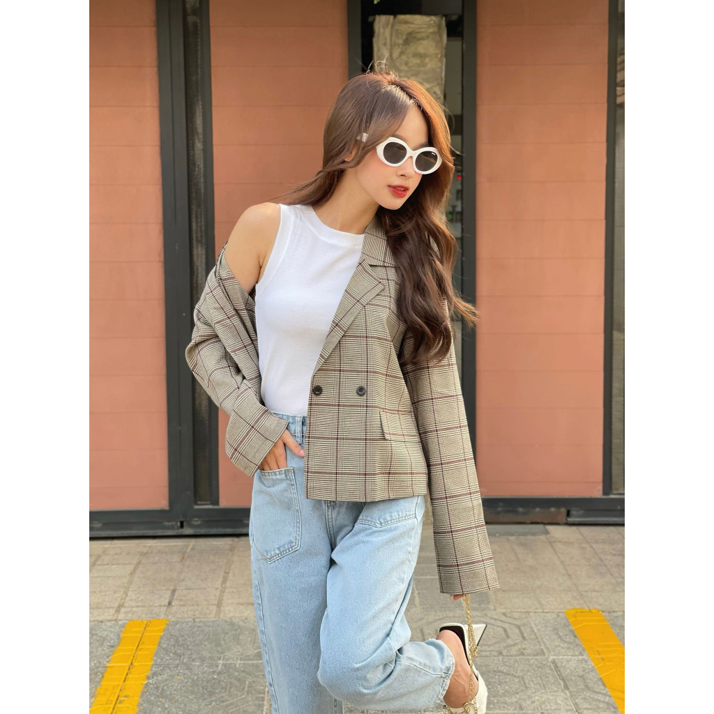 Áo Blazer Nữ Dáng Ngắn, Áo Khoác Blazer Kẻ Caro Trẻ Trung NHALAMFS