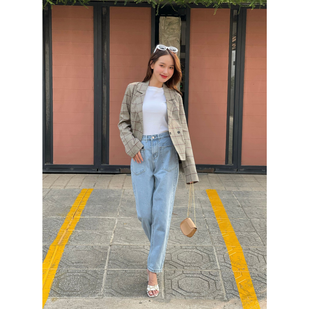 Áo Blazer Nữ Dáng Ngắn, Áo Khoác Blazer Kẻ Caro Trẻ Trung NHALAMFS