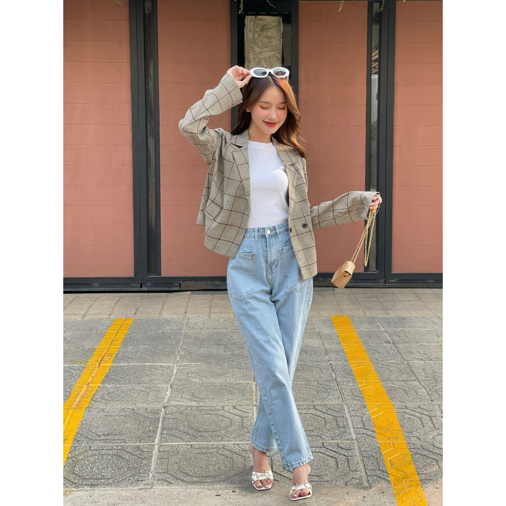 Áo Blazer Nữ Dáng Ngắn, Áo Khoác Blazer Kẻ Caro Trẻ Trung NHALAMFS