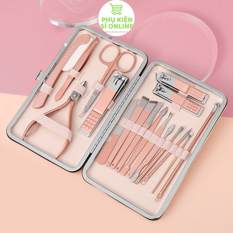Bộ dụng cụ làm móng 18 món đa chức năng, giúp cắt móng, làm đẹp, chăm sóc móng tay, móng chân, hộp đựng da cao cấp