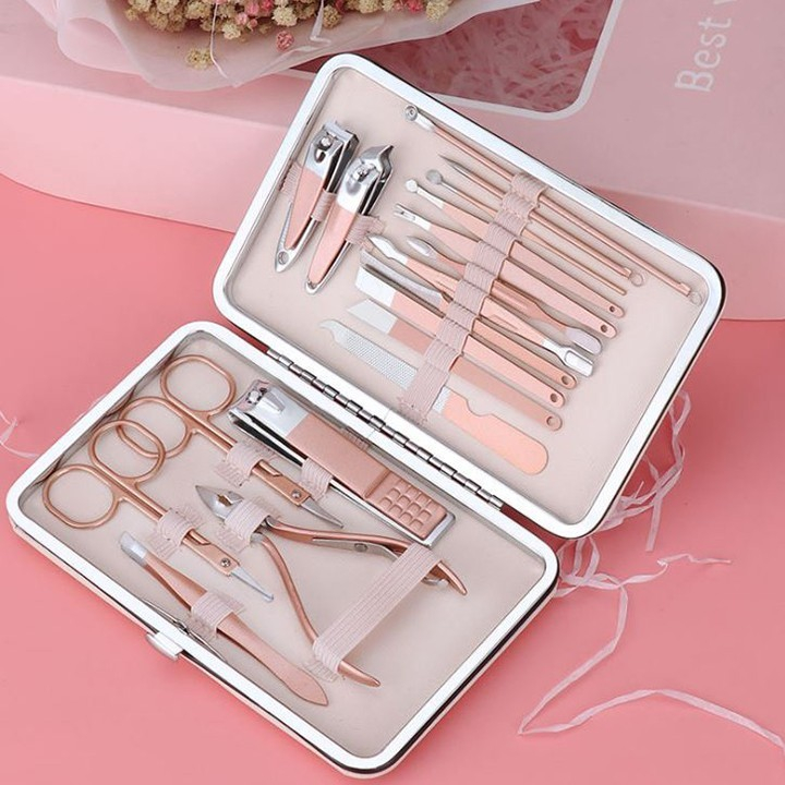 Bộ dụng cụ làm móng 18 món đa chức năng, giúp cắt móng, làm đẹp, chăm sóc móng tay, móng chân, hộp đựng da cao cấp