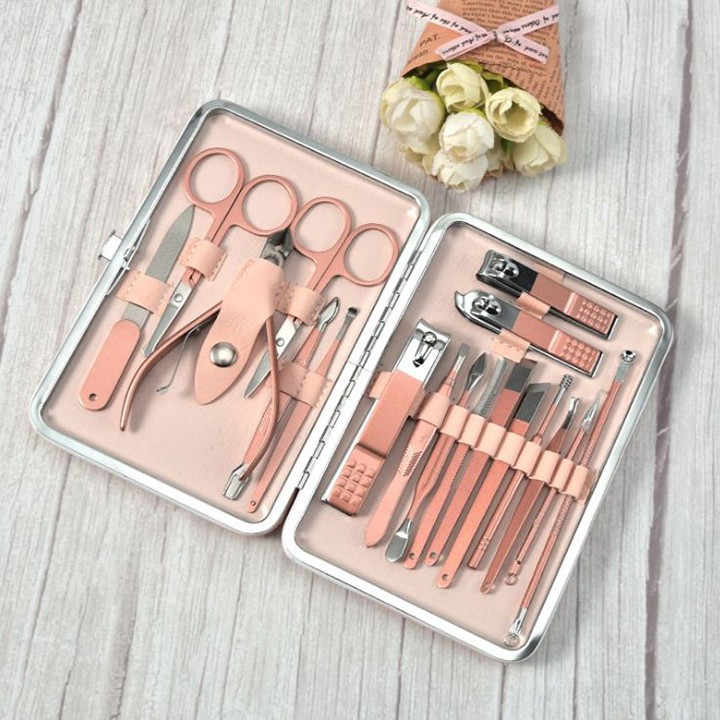 Bộ dụng cụ làm móng 18 món đa chức năng, giúp cắt móng, làm đẹp, chăm sóc móng tay, móng chân, hộp đựng da cao cấp