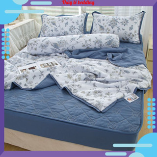 Set 5 món chăn ga gối đũi ga trần bông bọc đệm, ga gối cotton đũi chăn trần bông mềm mịn thoáng mát